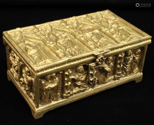 HINGED TOP BRONZE CASKET WITH VARIOUS SAINTS