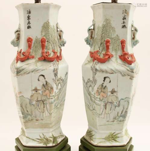 PR. OF CHINESE HEXAGON FORMED PORCELAIN VASES