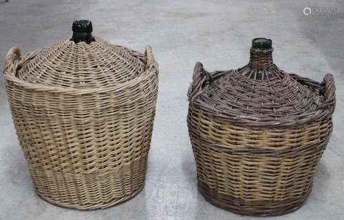 2 LARGE FRENCH DAME JEANNE BOTTLES IN WICKER CRADLES