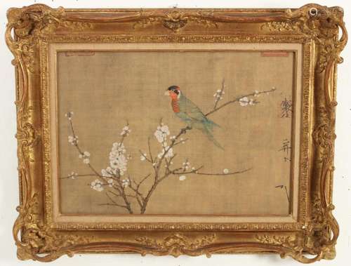 JAPANESE PAINTING ON SILK DEPICTING BIRD ON BRANCH