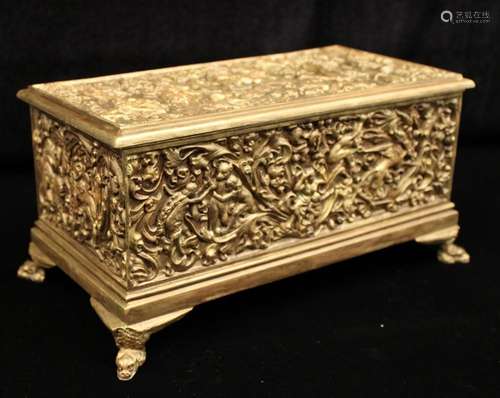 19TH C. FRENCH GILT BRONZE CASKET W/RAISED WORK PANELS