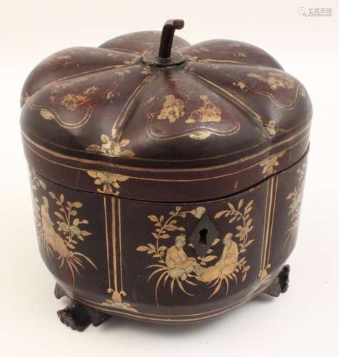 ORIENTAL LACQUERED TEA CADDY W/PAINTED VIGNETTES