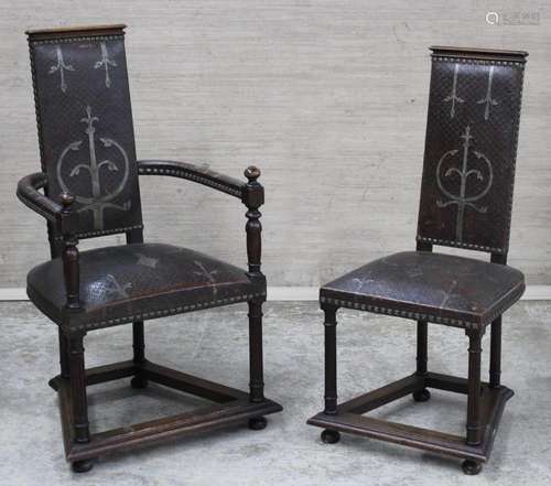 2 FRENCH MEDIEVAL STYLE LEATHER EMBOSSED CHAIRS