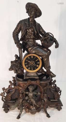 BRONZE PATINATED METAL CLOCK W/ SEATED GENTLEMAN