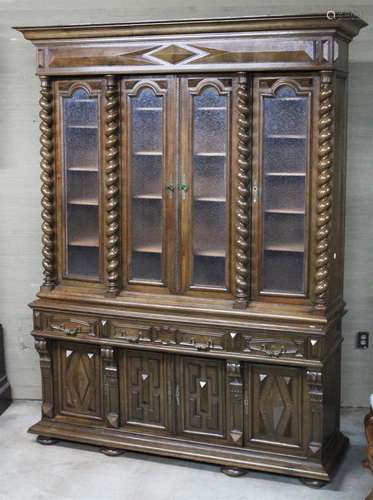 GRAND FRENCH LOUIS XIII STYLE OAK 4 DOOR BIBLIOTHEQUE