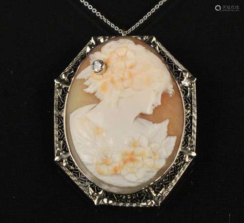 14K VINTAGE CAMEO AND DIAMOND PENDANT ON LINK CHAIN