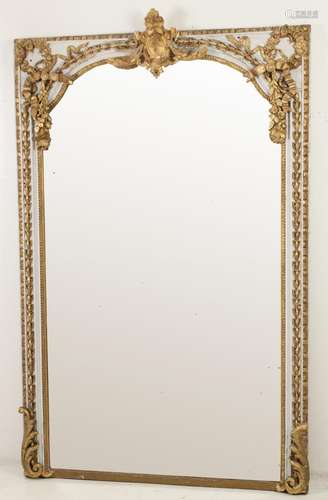 PALACIAL FRENCH CARVED POLYCHROME AND GILT MIRROR