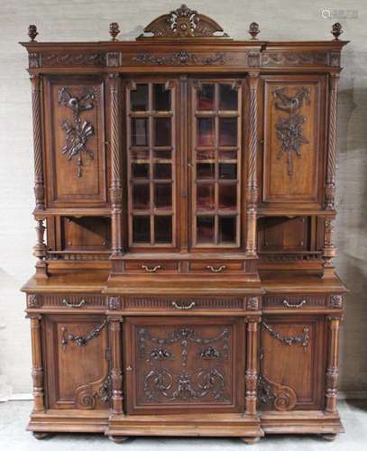 IMPRESSIVE FRENCH WALNUT MANNER HOUSE CABINET, 19TH C.