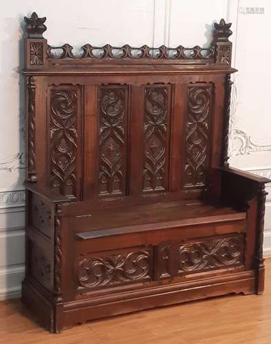 RENAISSANCE REVIVAL CARVED OAK LIFT TOP HALL BENCH