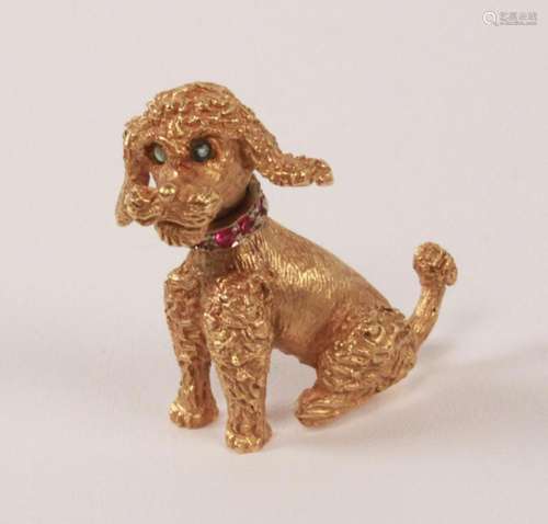 18K YELLOW GOLD POODLE PIN W/ RUBY COLLAR; 14.3 GRAMS