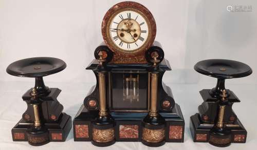 3 PC. FRENCH BRONZE MTD ONYX AND MARBLE CLOCK SET