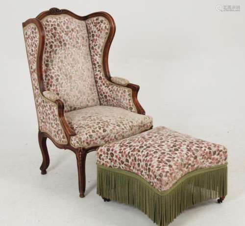 19TH C. LOUIS XV STYLE PROVINCIAL BERGERE AND TABOURET