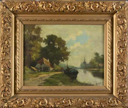 Peintures - École néerlandaise : paysage de canal avec batea...