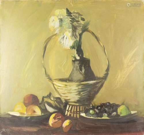 Tableaux - Nature morte avec panier et fruits, huile sur toi...