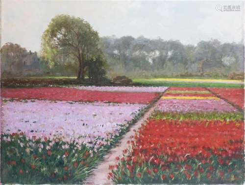 Tableaux - École néerlandaise, champs de tulipes avec une fe...