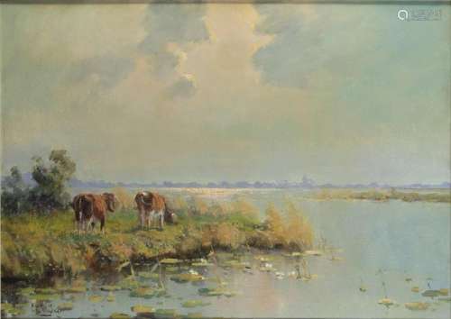 Peintures - Leo de Winter (1917-1983), vaches broutant au bo...