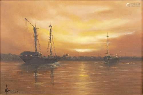 Peintures - École indonésienne : bateaux en mer au coucher d...