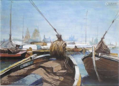 Peintures - Hans van Vuuren (1939), bateaux dans un port, pa...