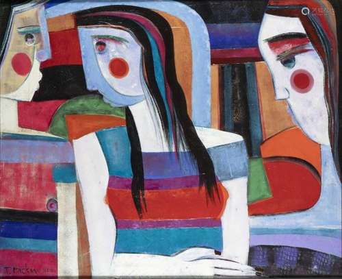 Theo Mackaay (1950), peinture abstraite avec trois personnag...