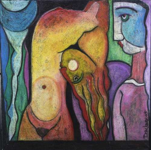 Theo Mackaay (1950), peinture abstraite de deux figures fémi...