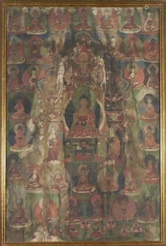 Art et objets d'Asie - Un thangka, encadré et émaillé, N...