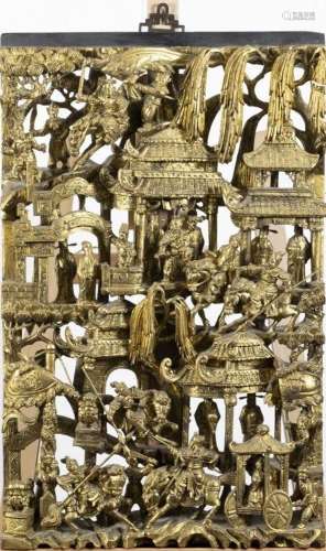 Art et objets d'Asie - Panneau sculpté en bois doré repr...