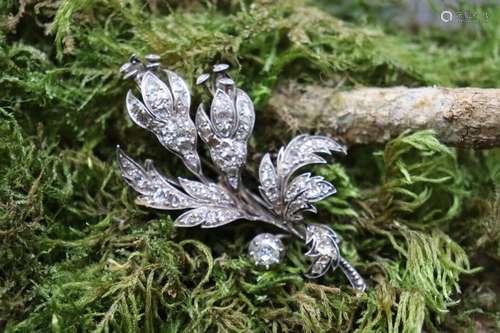 Broche or 750/°° et argent multi-diamants motif plante