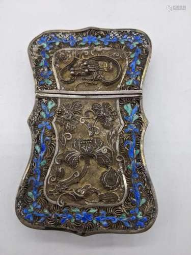 A Chinese export silver blue enamel card case, filigree