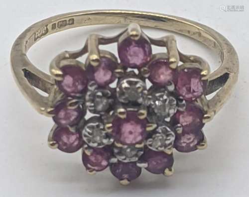 A diamond and ruby cluster ring, 9ct yellow gold mount,