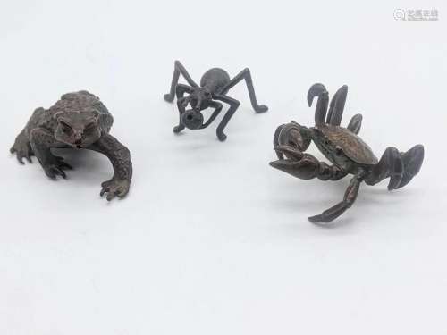 3 Japanese Meiji period bronzes, each signed, crab