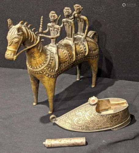 A bronze tribal study of 3 warriors on horseback,