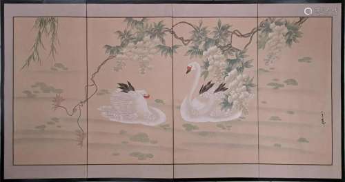 A large Japanese Kano style painting on silk of Swans