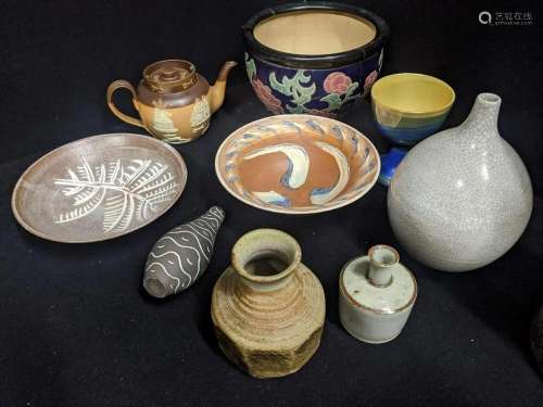 A collection of studio pottery and glass, various