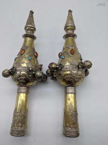 A pair of gilt silver Rimmonim (Torah bells), mounted