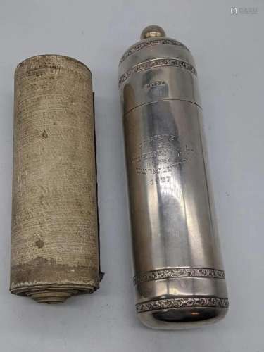 A silver cased Megillah Esther scroll, hallmarked