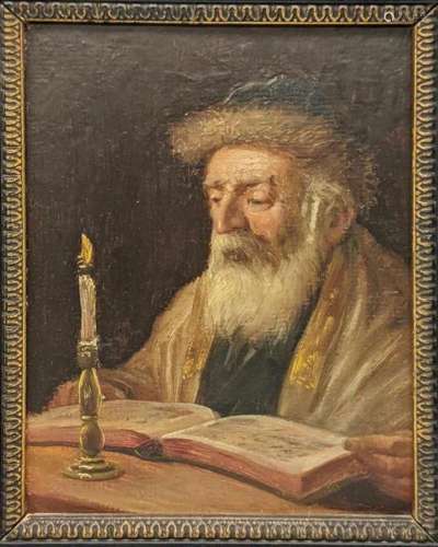 A portrait of a Rabbi reading by candlelight, oil on