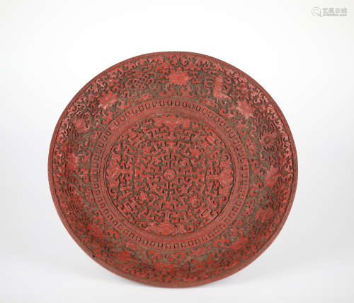 Chinese lacquer carving plate, Qing