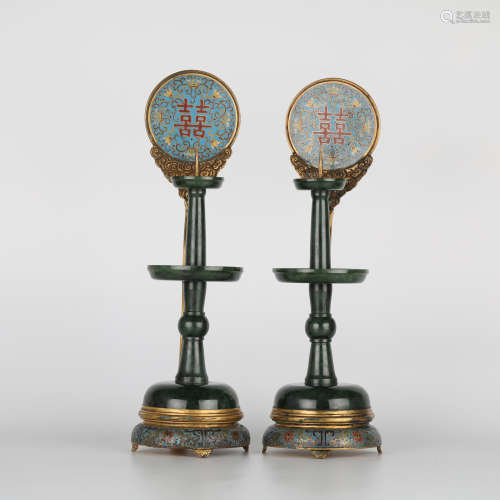 A pair of Chinese Qianlong cloisonne and jade candle holders