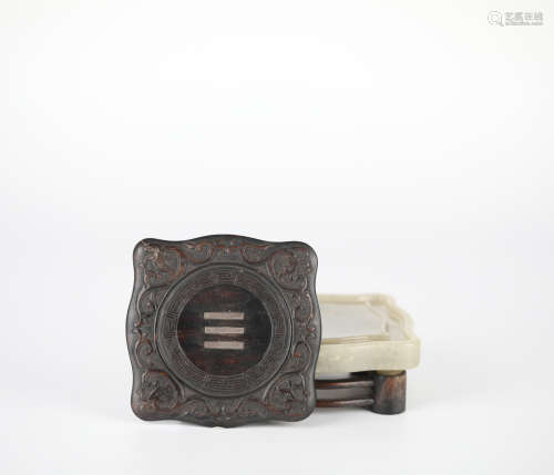 Red sandalwood and white jade carved inkstone with dragon pa...