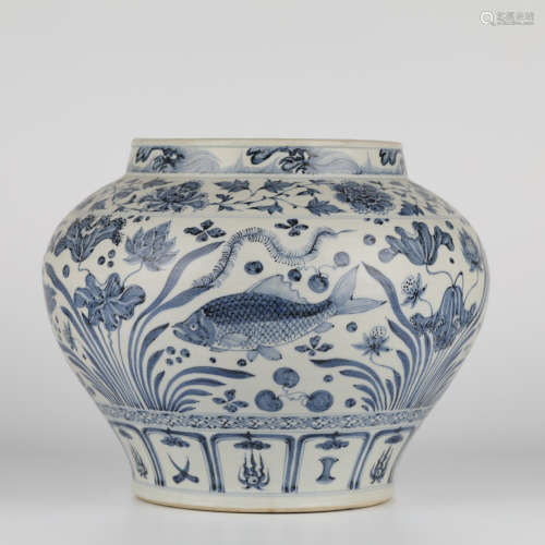 Chinese blue and white porcelain jar with fish and algae pat...