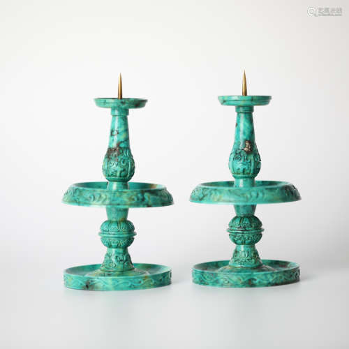 A pair of ancient Turquoise carved candle stands