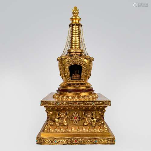 Massive Gilt Bronze & Gem-Inlaid Buddha Stupa