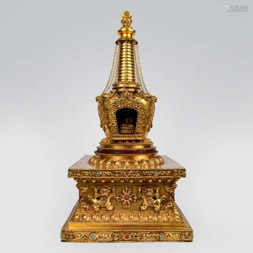 Massive Gilt Bronze & Gem-Inlaid Buddha Stupa