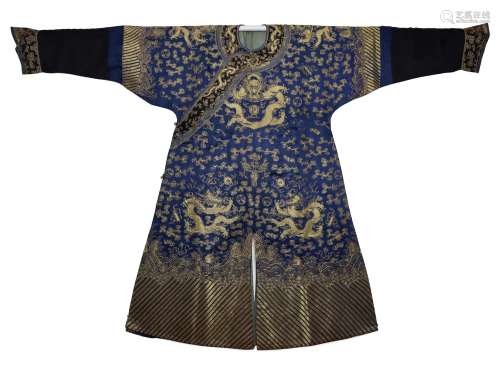 Qing Dyn. Blue-Ground Gold-Couched Silk Dragon Robe