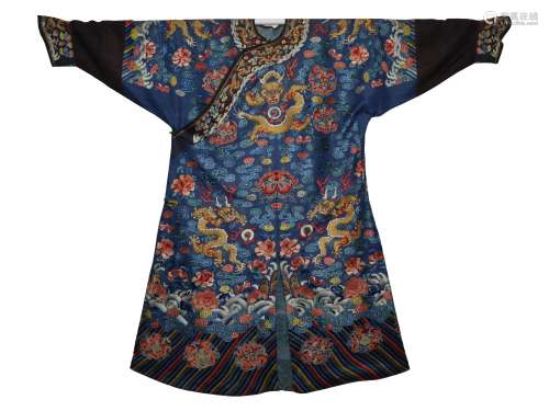 Qing Dyn. Blue-Ground Silk Embroidered Dragon Robe