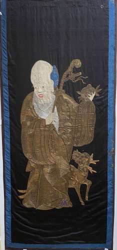 Large Embroidered 'Immortal & Deer' Silk Panel