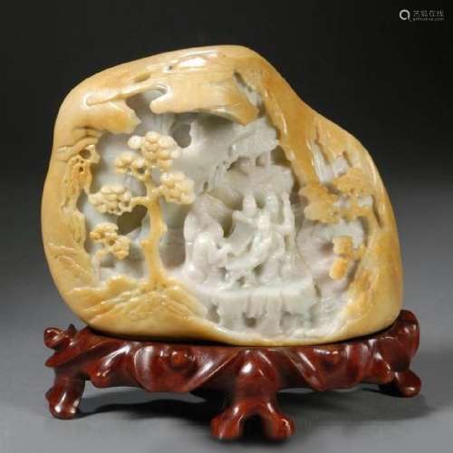 Finely Carved And Inscribed Jade Mountain