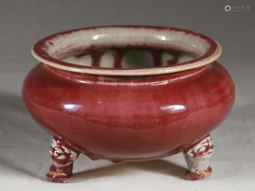 Chinese Oxblood Porcelain Tripod Censer