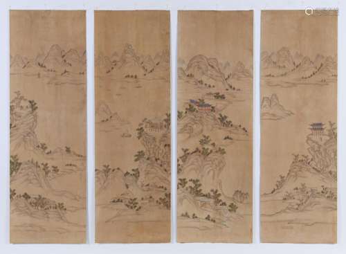 Set of 4 Paintings on Silk, 19th Century