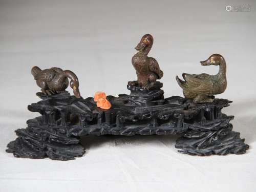 3 Chinese Bronze Duck on Carved Hardwood Base &Coral